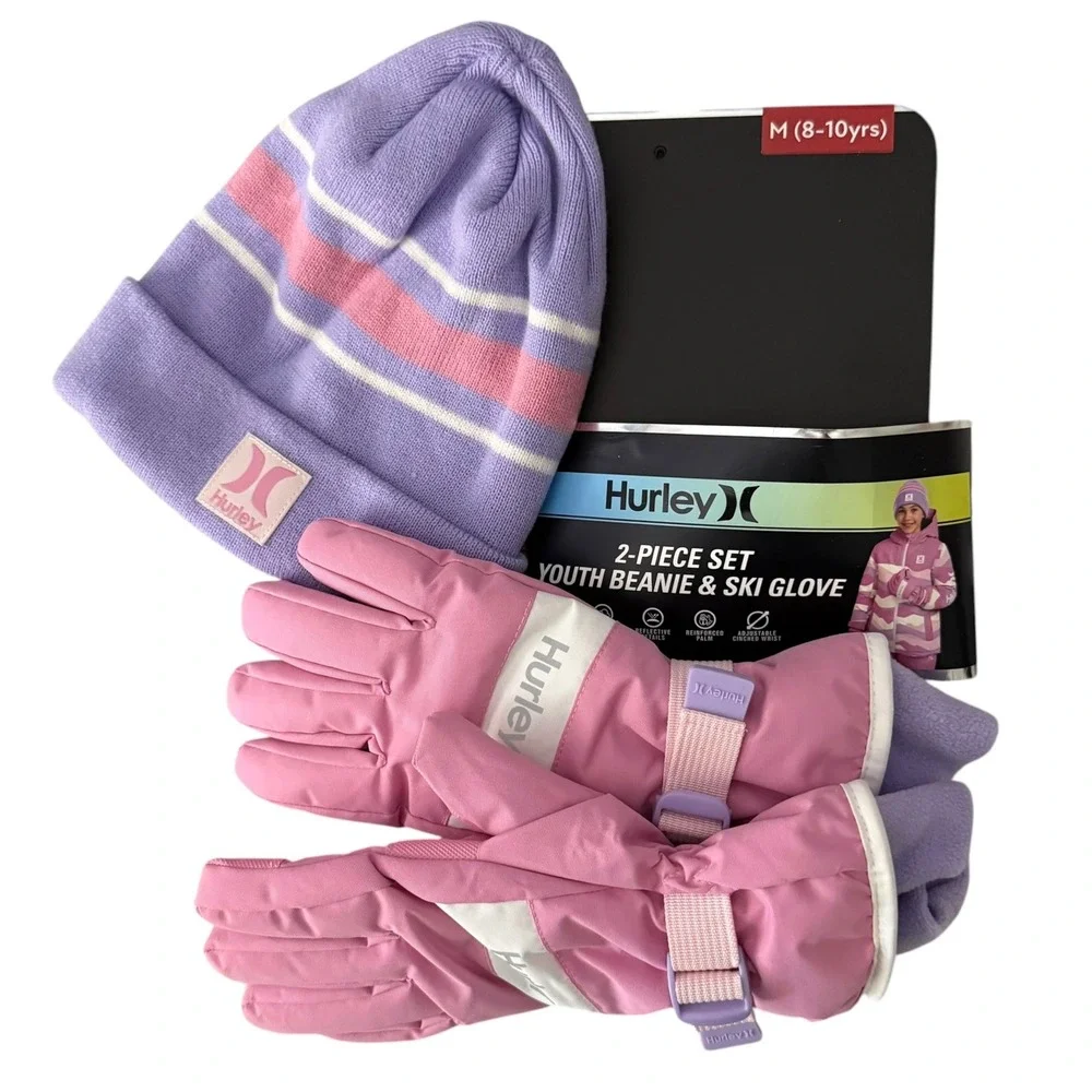 Hurley Youth Beanie & Ski Gloves 2-pc Winter Set Pink M 8-10 NWT